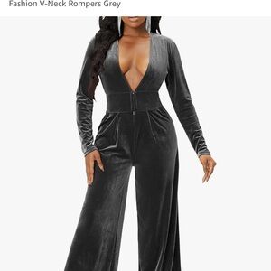 Women's Sexy Long Sleeve Velvet Jumpsuits Casual Fashion V-Neck Rompers Grey